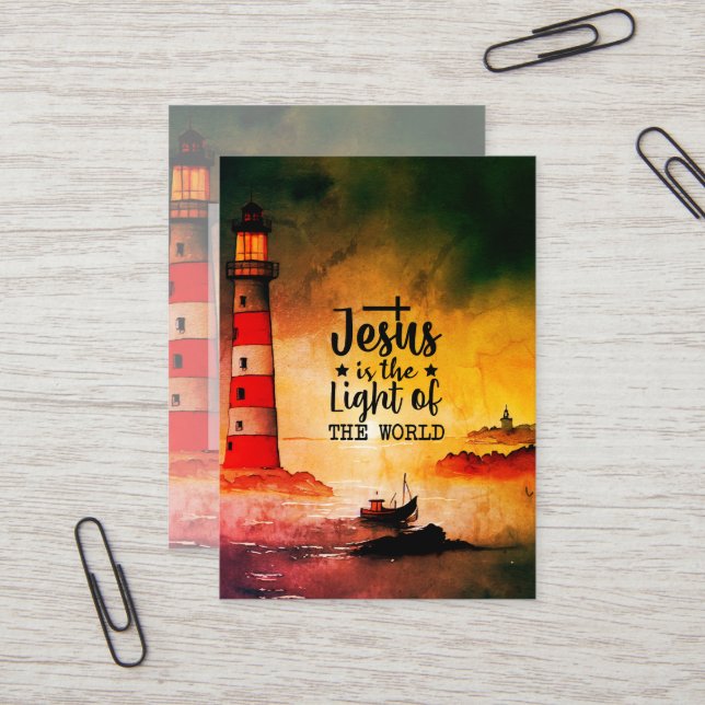 Carte De Visite Jean 8 Jésus est la Lumière du Phare Mondial (Devant/Arrière en situation)