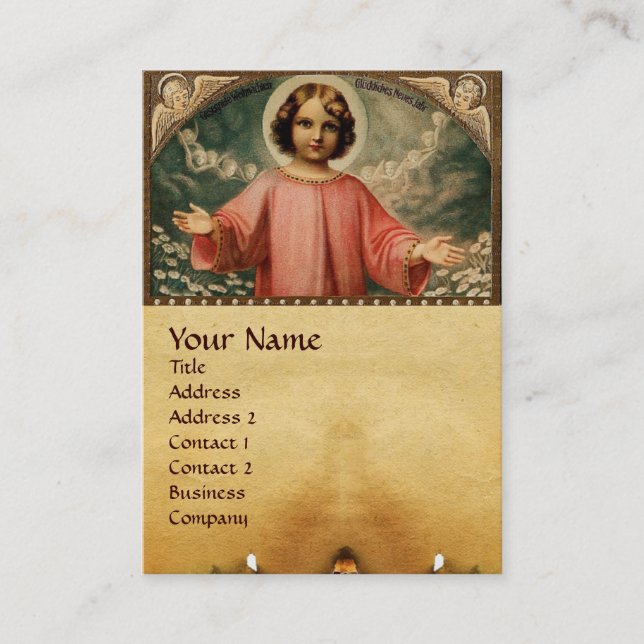 CARTE DE VISITE JÉSUS ENFANT AUX ANGES ET COURONNES DE NOËL (Devant)
