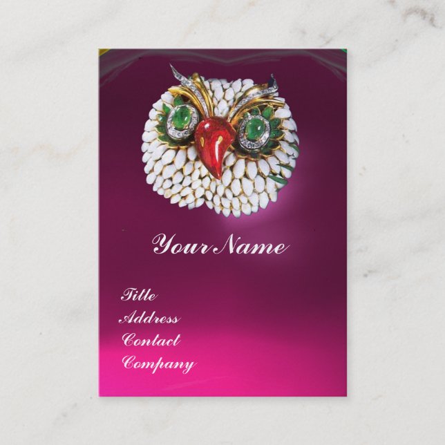 Carte De Visite JEWEL OWL, Or, Green Emerald Fuchsia perle blanche (Devant)