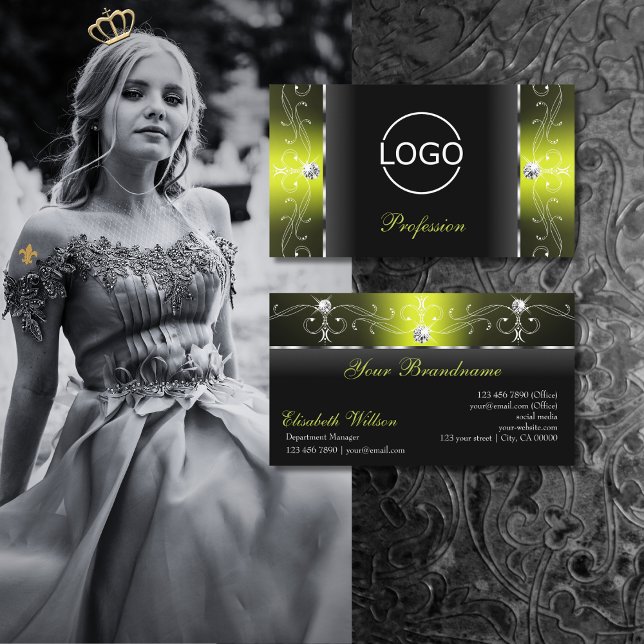 Carte De Visite Joaillerie élégante noire et Jaune braguée ajouter (Créateur téléchargé)