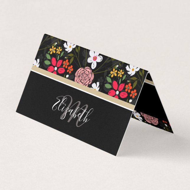 Carte De Visite Joli blanc rose floral noir brush Strokes (Devant)