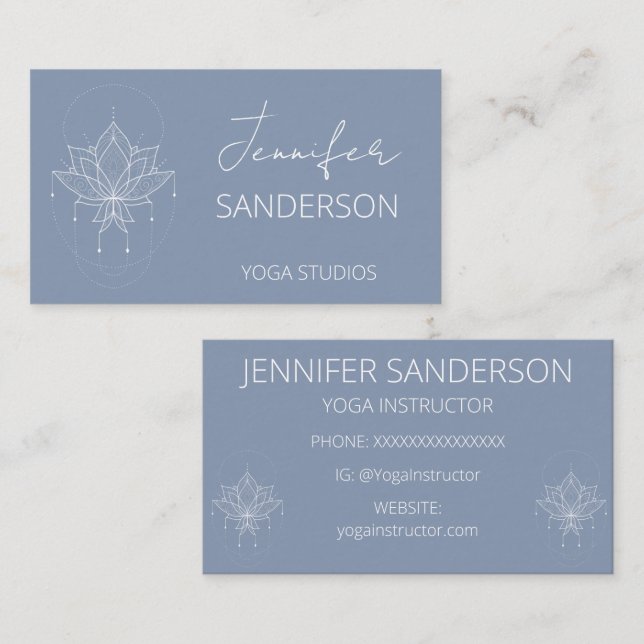 Carte De Visite Joli Blue Boho Floral Lotus Yoga Instructeur (Devant / Derrière)