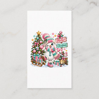 Carte De Visite Joli Bonhomme de Neige Rose de Noël