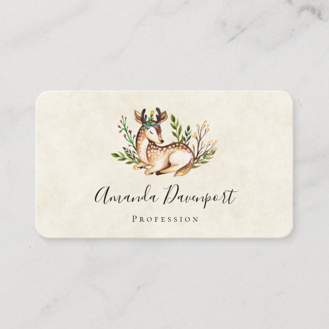 Carte De Visite Joli Cerf Aquarellé Posé En Bas Boho (Devant)