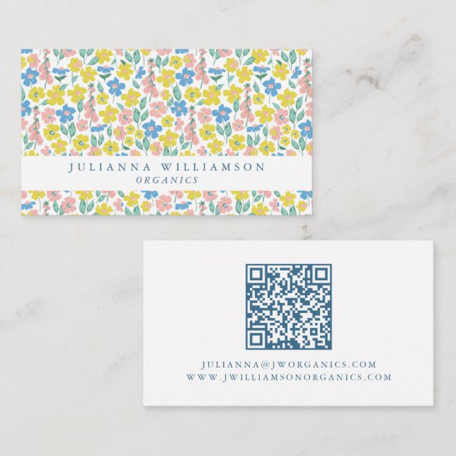 Carte De Visite Joli code QR moderne floral ditsy bleu et jaune (Devant / Derrière)