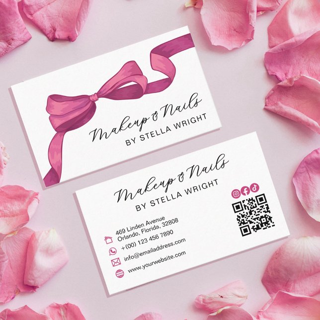 Carte De Visite Joli Fuchsia Rose Pink Bow Beauté QR Code (Créateur téléchargé)
