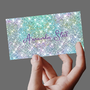 Carte De Visite Joli monogramme iridescent licorne bleu faux paill