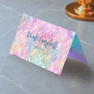 Carte De Visite Joli monogramme iridescent licorne rose faux paill