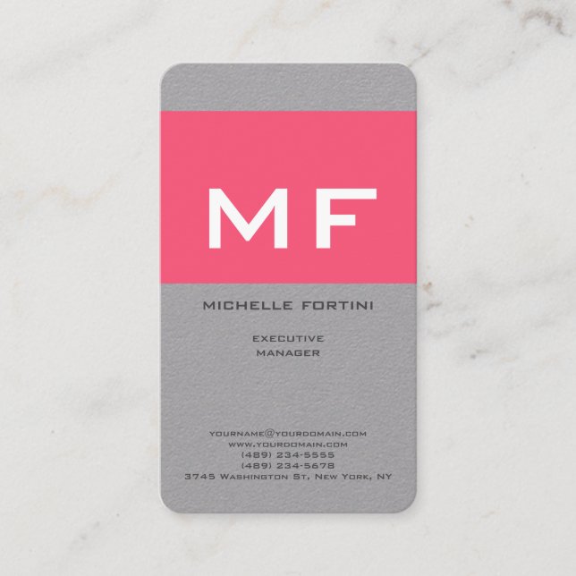Carte De Visite Joli Monogramme rose blanc blanc gris Premium (Devant)
