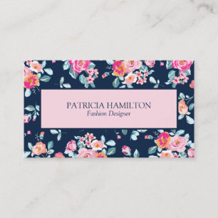 Carte De Visite Joli motif floral rose vibrant sur fond bleu marin