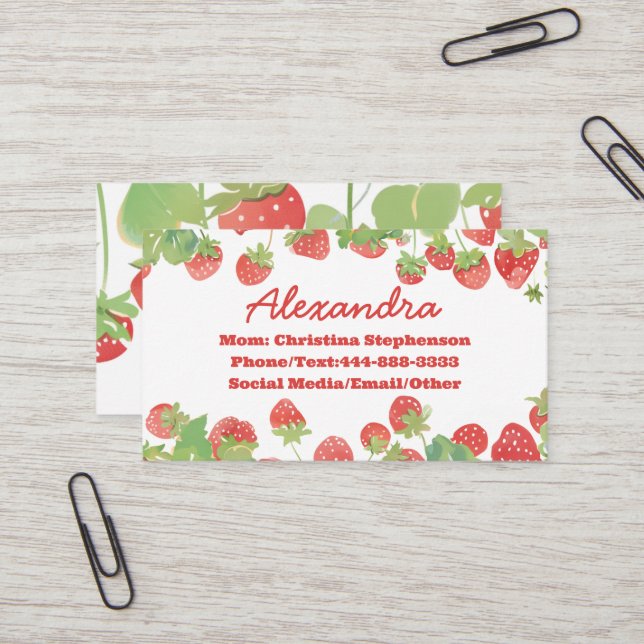 Carte De Visite Joli Nom de Filles Enfants Fraise Date de Jeu Appe (Devant/Arrière en situation)