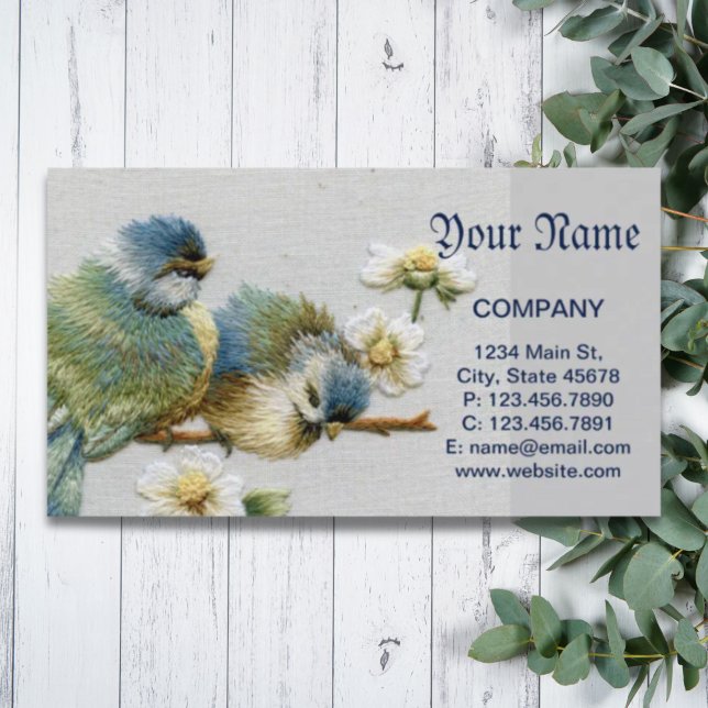 Carte De Visite joli oiseau à broderie turquoise à la menthe (cute floral teal mint green embroidery bird business card)