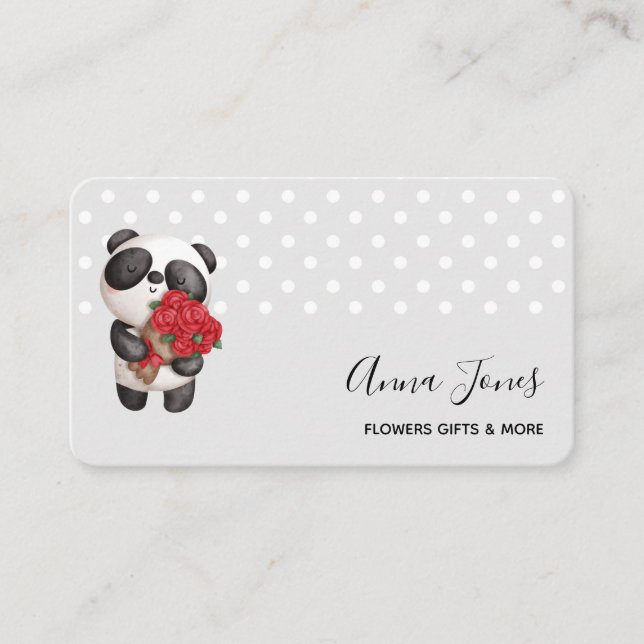 Carte De Visite Joli ours panda avec bouquet de roses (Devant)