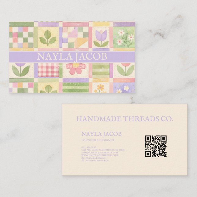 Carte De Visite Joli Patchwork Violet Vert Pastel Féminin (Devant / Derrière)