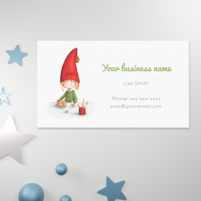 Carte De Visite Joli petit elfe qui travaille à faire des jouets C (Cute and simple business card for the upcoming Christmas season with an elf making toys. )