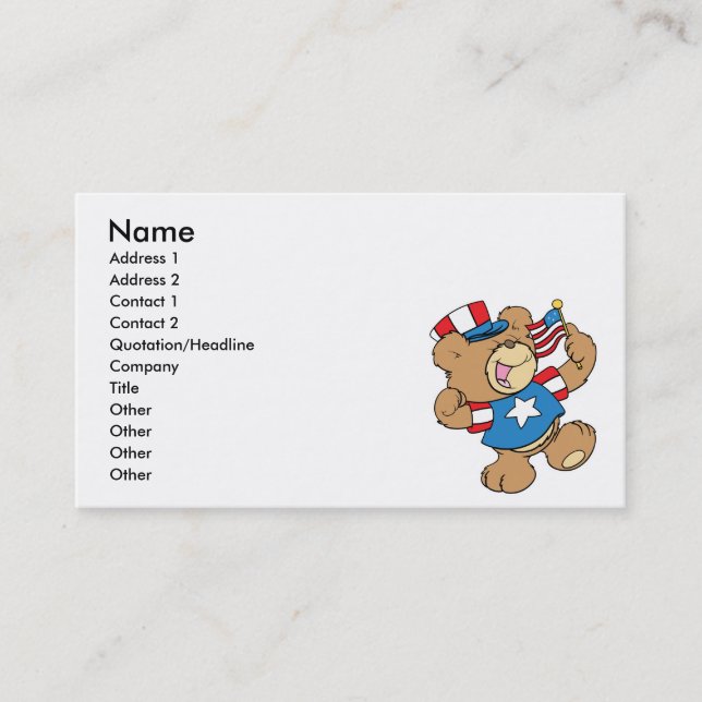 Carte De Visite jolie conception d'ours en peluche patriotique amé (Devant)