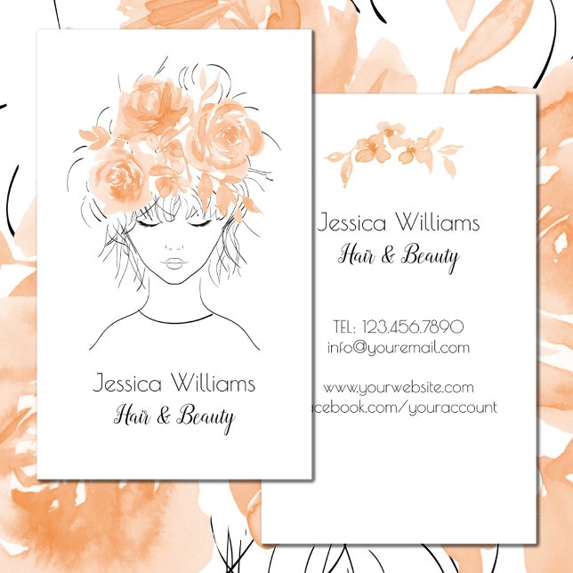 Carte De Visite Jolie fille pêche aquarelle rose-Floral (Créateur téléchargé)