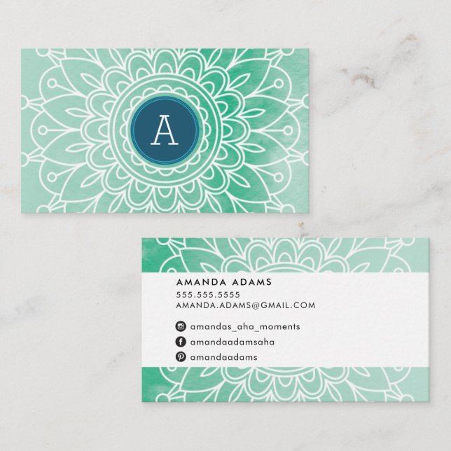 Carte De Visite JOLIE MONOGRAMME moderne boho mandala motif vert (Devant / Derrière)