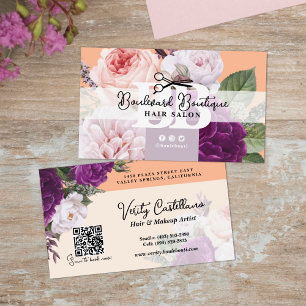 Carte De Visite Jolie Pêcher Floral Hair Salon Styliste QR Code