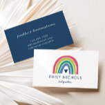 Carte De Visite Jolie Rainbow Pink Navy Green Boho Babysitter<br><div class="desc">Ce carte de visite de baby-sitter présente un arc-en-ciel aux couleurs douces et au coeur. Modifiez la couleur du côté arrière en cliquant sur "Modifier à l'aide de l'outil de conception".</div>