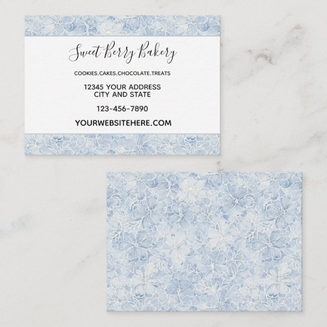 Carte De Visite Jolies Fleurs Blanches Bleues (Devant / Derrière)