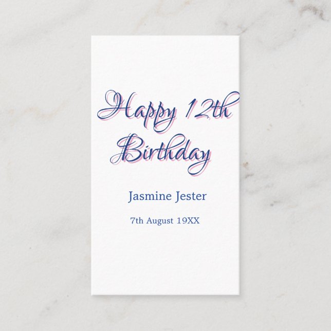 Carte De Visite joyeux 12ème anniversaire bleu rose nom date simpl (Devant)
