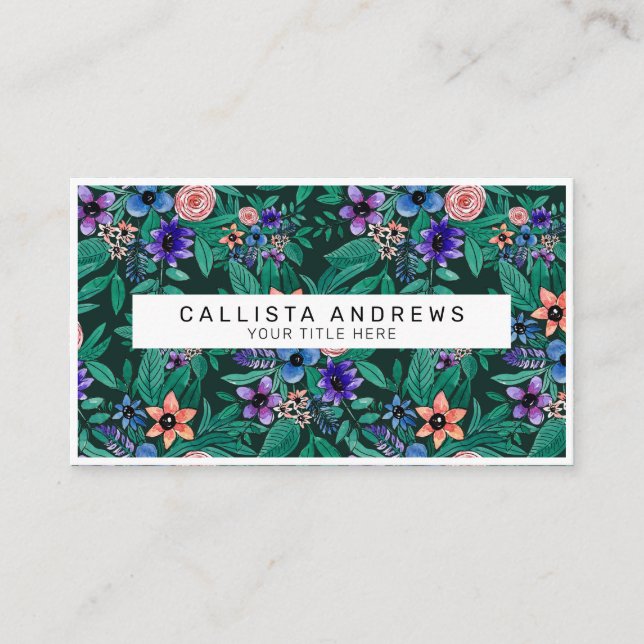 Carte De Visite Jungle Vert Corail Aquarelle Verdure Motif (Devant)