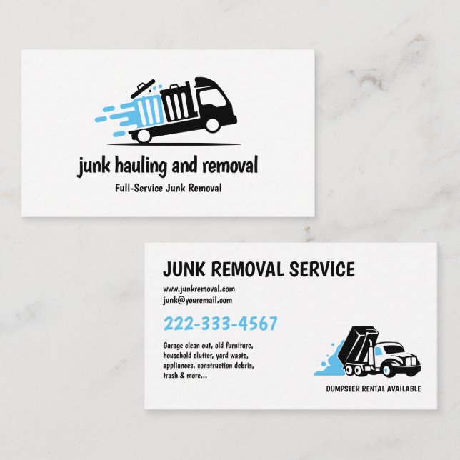CARTE DE VISITE JUNK HAULING TRASH REMOVAL BLUE BLEU BLACK (Devant / Derrière)