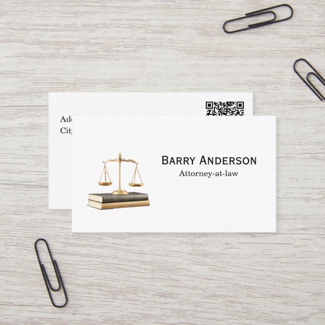 Carte De Visite Justice Avocat Balance & Livres avec code QR (Devant/Arrière en situation)