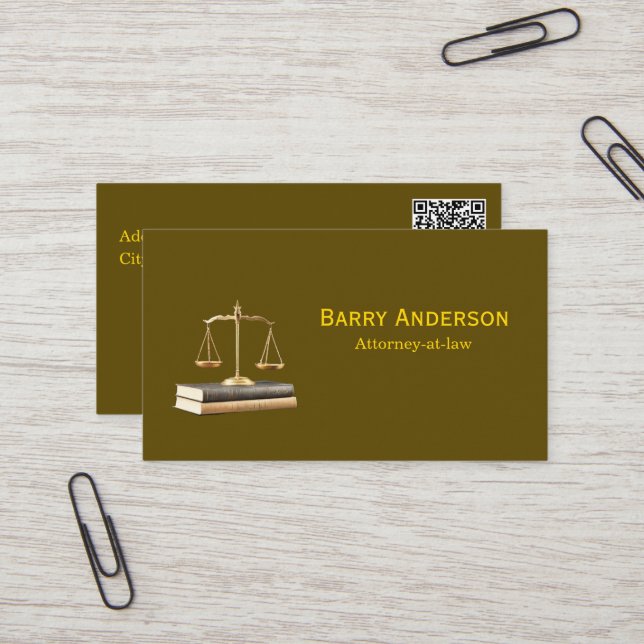 Carte De Visite Justice d'avocat Balance & Livres avec code QR (Devant/Arrière en situation)