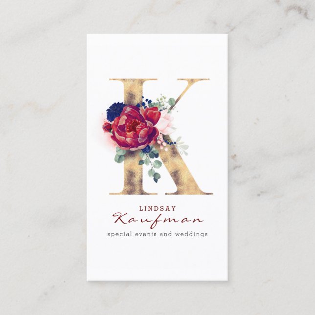 Carte De Visite K Monogram Burgundy Gold et Navy Blue Floral (Devant)