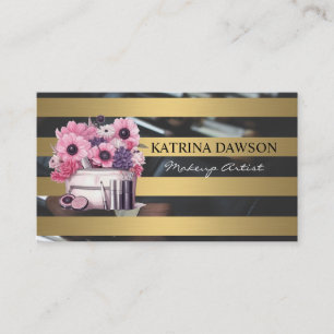 Carte De Visite Kit de maquillage et fleurs Chic Gold Stripes