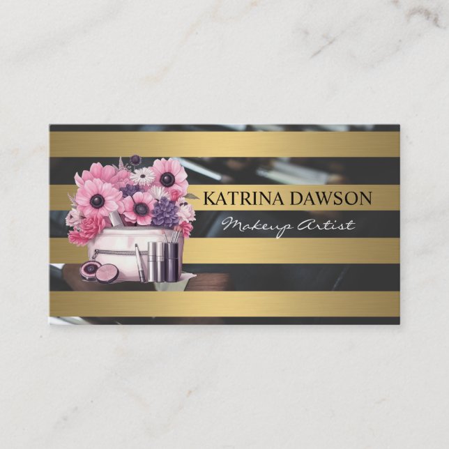Carte De Visite Kit de maquillage et fleurs Chic Gold Stripes (Devant)