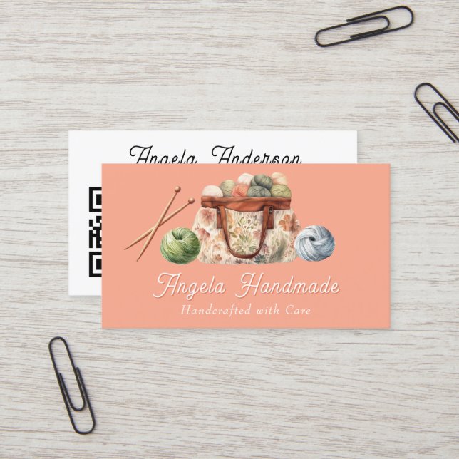 Carte De Visite Knitting Handmade QR Code (Devant/Arrière en situation)