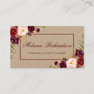 Carte De Visite Kraft Aquarelle Bourgogne Marsala Floral