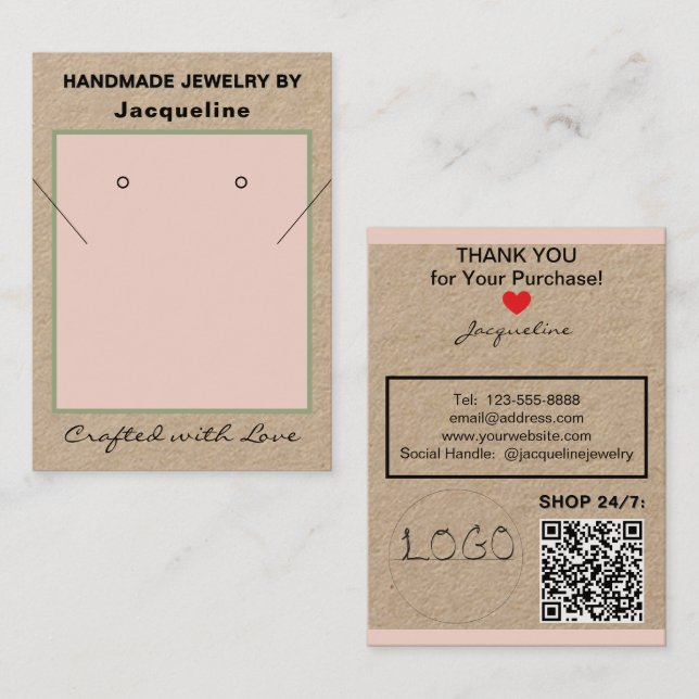 Carte De Visite Kraft Blush Necklace Earrings Logo Website QR Code (Devant / Derrière)
