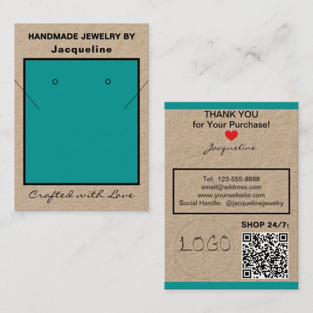 Carte De Visite Kraft Collier Boucles d'oreilles Logo Site Web QR  (Devant / Derrière)
