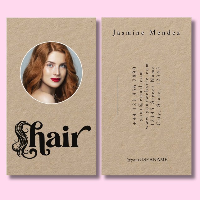 Carte De Visite Kraft Natural Black Script Photo Coiffeur (Créateur téléchargé)