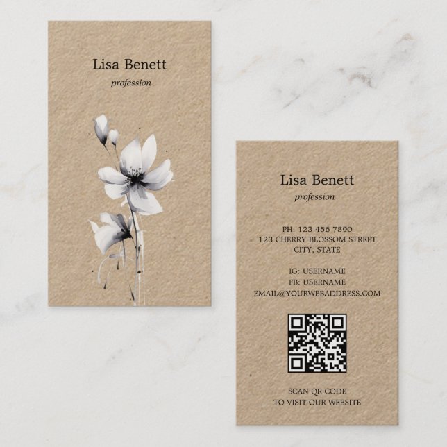 Carte De Visite Kraft noir et blanc à fleurs (Devant / Derrière)