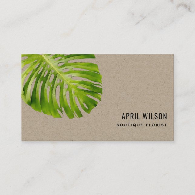 CARTE DE VISITE KRAFT WATERCOLOR VERT MONSTERA FEUILLES FOLIER (Devant)