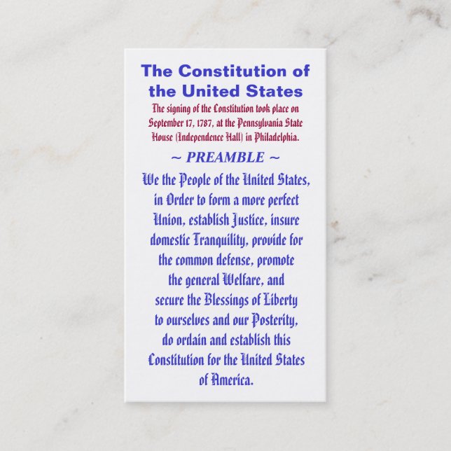 Carte De Visite La constitution du PRÉAMBULE de ~ des Etats-Unis (Devant)