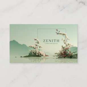 Carte De Visite Lac de montagne zen serein Branches florales blanc