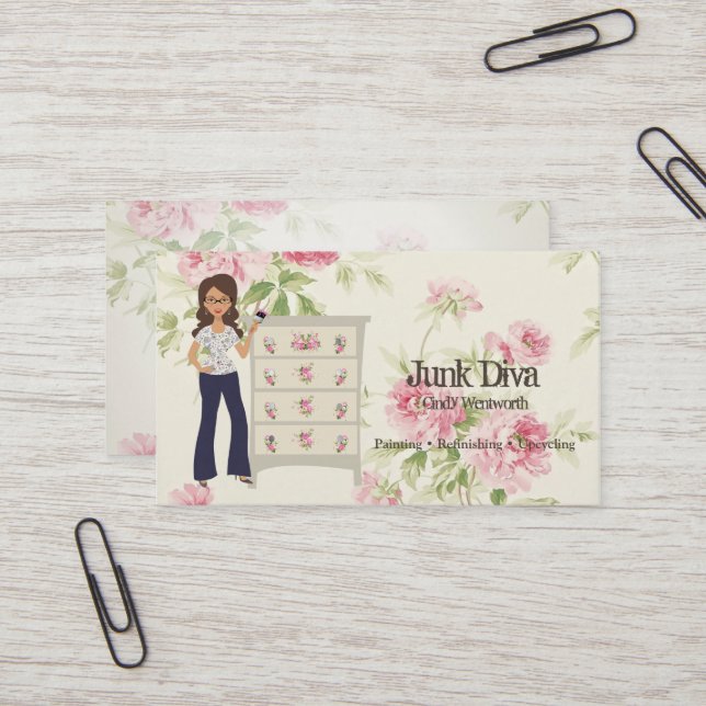 Carte De Visite Lady Paintbrush Dresser Roses Shabby (Devant/Arrière en situation)