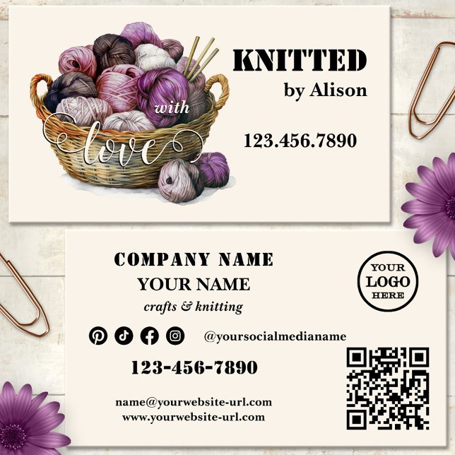 Carte De Visite Laine artisanale Tricot (Crafts, knitting or crocheting business card featuring a watercolor basket with wool)