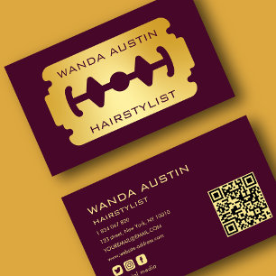 Carte De Visite Lame de rasoir de coiffeur bordeaux et or Code Qr