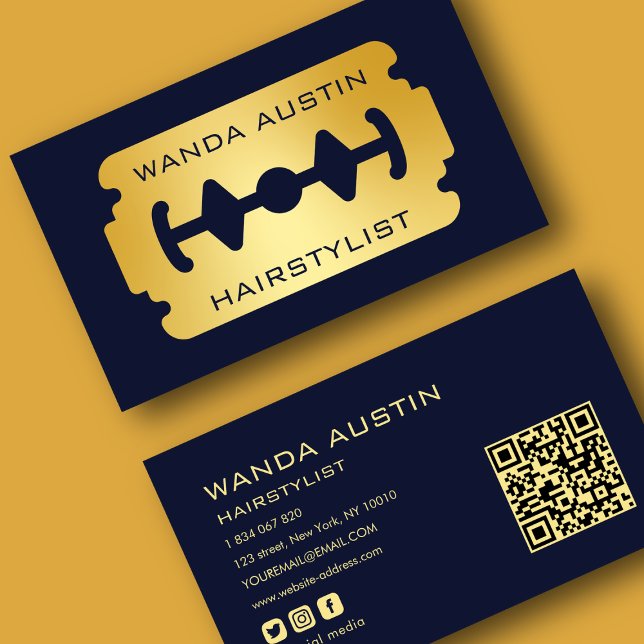 Carte De Visite Lame de rasoir de coiffeur Navy et Or Code Qr  (Créateur téléchargé)