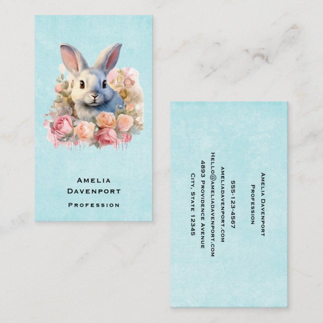 Carte De Visite Lapin avec une guirlande de roses Mignon (Devant / Derrière)