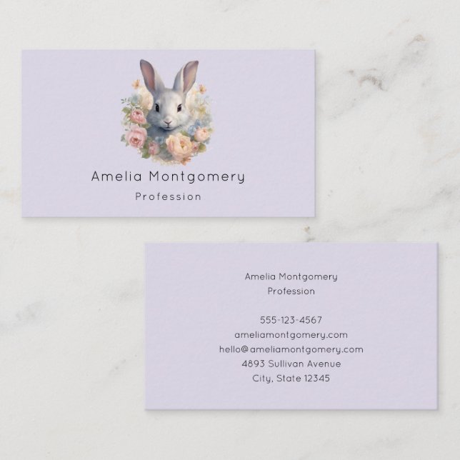 Carte De Visite Lapin Entouré de Fleurs Pastel Mignon (Devant / Derrière)