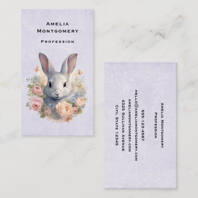 Carte De Visite Lapin entouré de fleurs pastel mignon (Devant / Derrière)