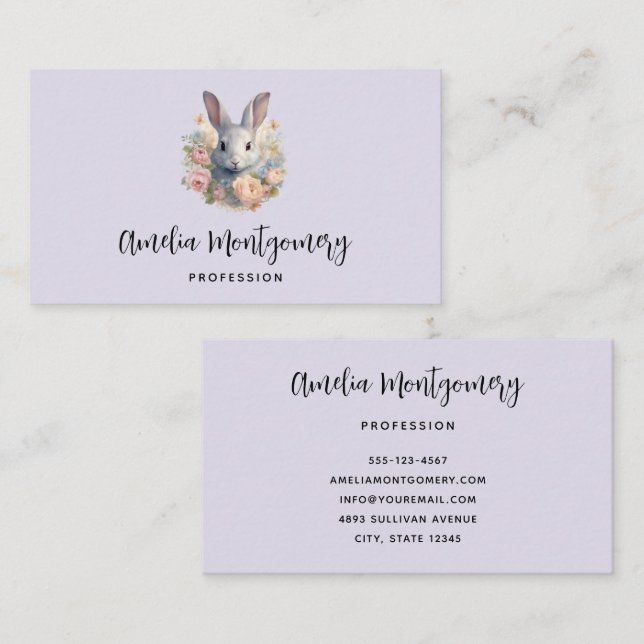 Carte De Visite Lapin entouré de fleurs pastel Mignon (Devant / Derrière)